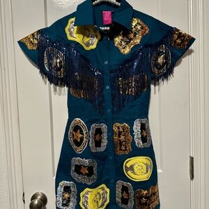 QUEEN OF SPARKLES Teal Dress with Gold and Silver Accents